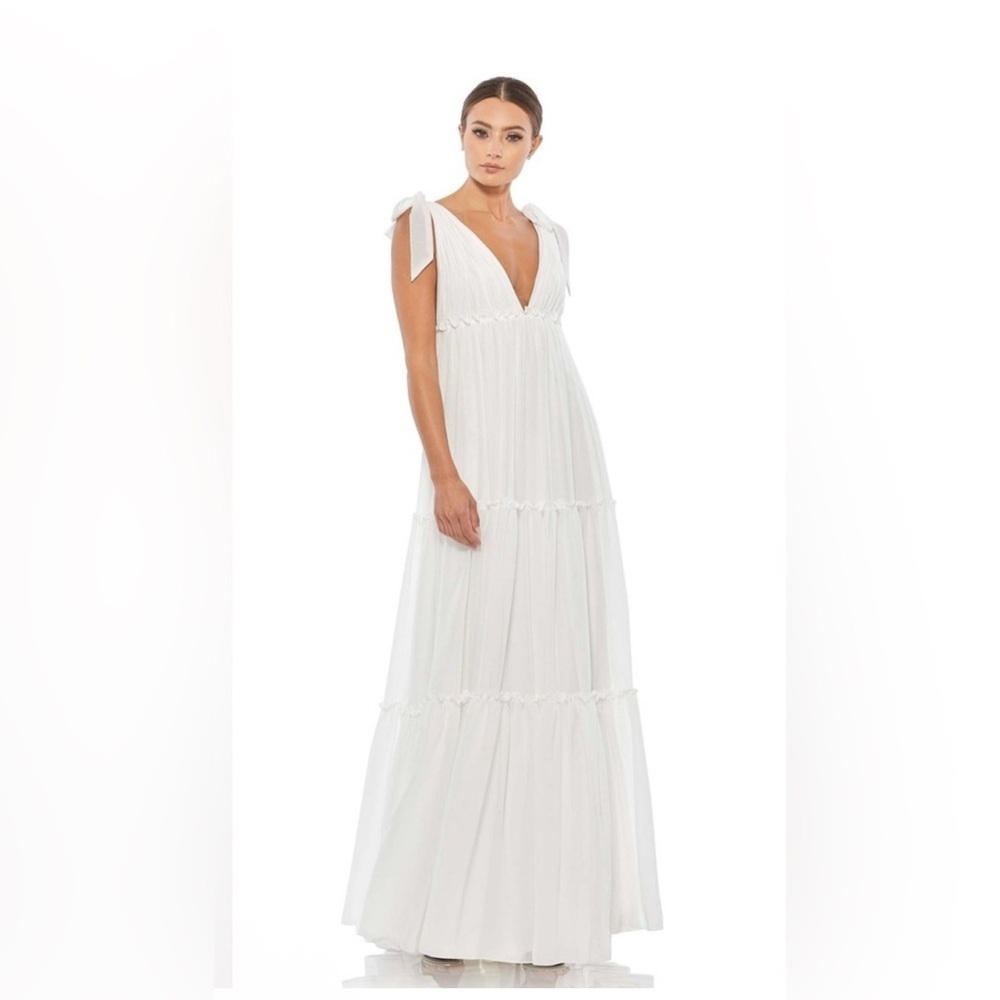 Ieena by Mac Duggal - White Tiered V-Neck Plunging Maxi Dress - Size 6 #70188